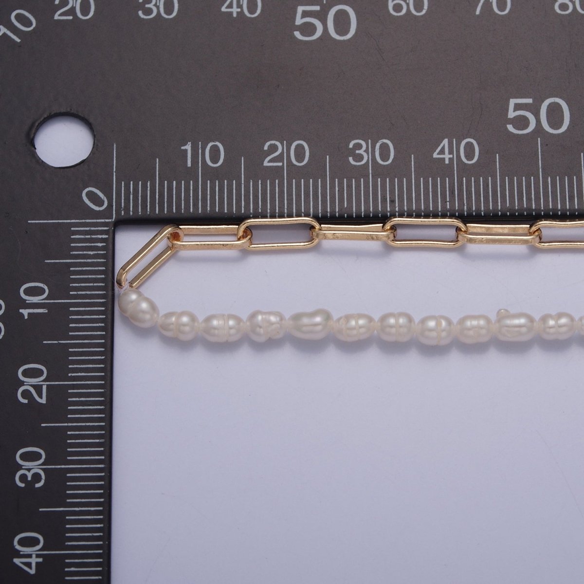 Half Pearl Half chain necklace in 18k gold fill | Layer Necklace Gold Paper Clip chain with White Freshwater Pearl | WA-1064 Clearance Pricing