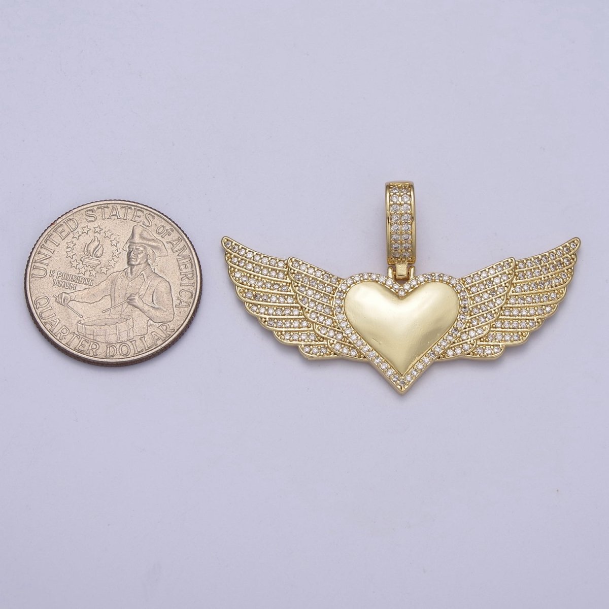 Iced Winged Heart Charm Necklace Protection Pendant Cubic Zirconia Guardian Angel Wing H-318