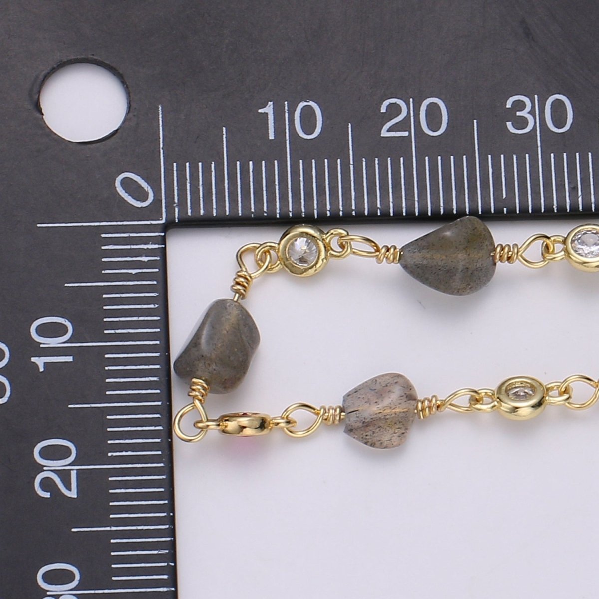 Labradorite Bead Micro Pave Charm 24K Gold Filled Chain by Yard, Cubic Round Charm Chain, Semiprecious Stone Multicolor Labradorite Chain | ROLL-331 Clearance Pricing