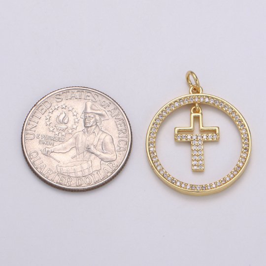 Micro Pave Cross Charm Coin Charm - 29x23mm, 14K Gold Filled CZ Dangle Charm Pendant, Cubic Zirconia, Gold Cross Pendant, Religious Jewelry, E-158