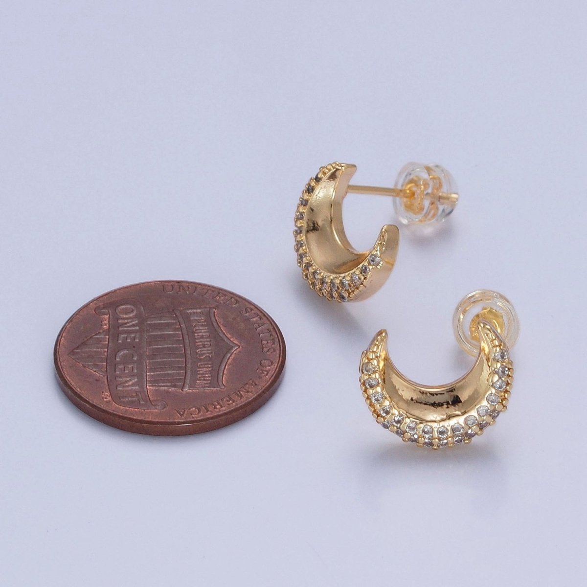 Micro Pave Cubic Zirconia Gold Celestial Crescent Moon Stud Earrings P-326