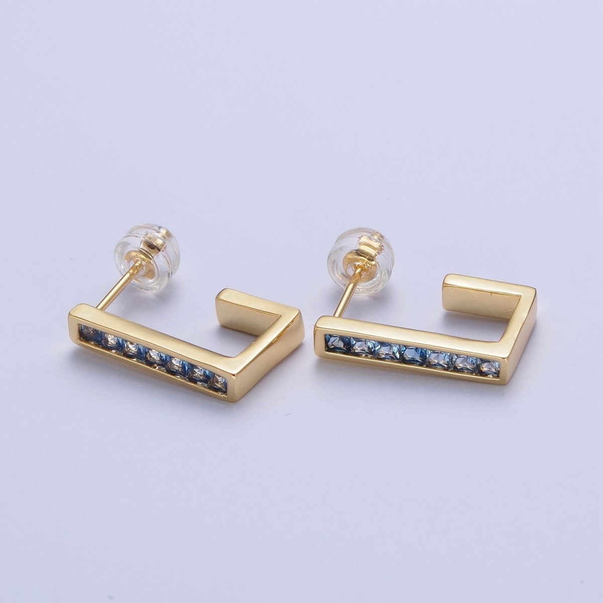 Micro Pave Cubic Zirconia Gold J Shaped Block Square Hoop Stud Earrings | AD-520~AD-527