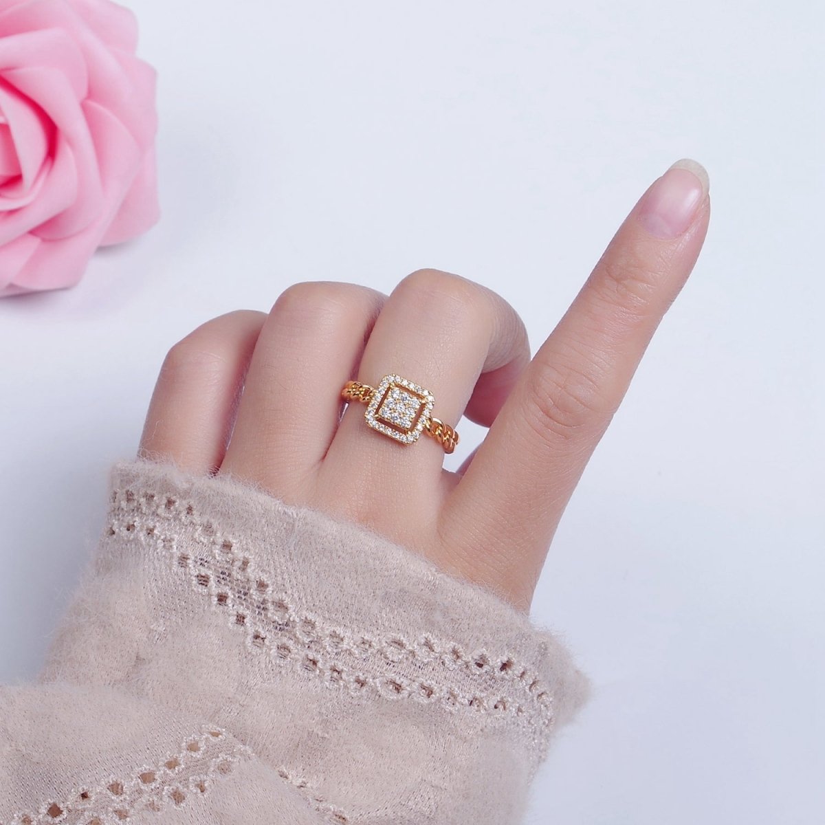 Micro Pave Cubic Zirconia Square Ring with Curb Link Ring O-771