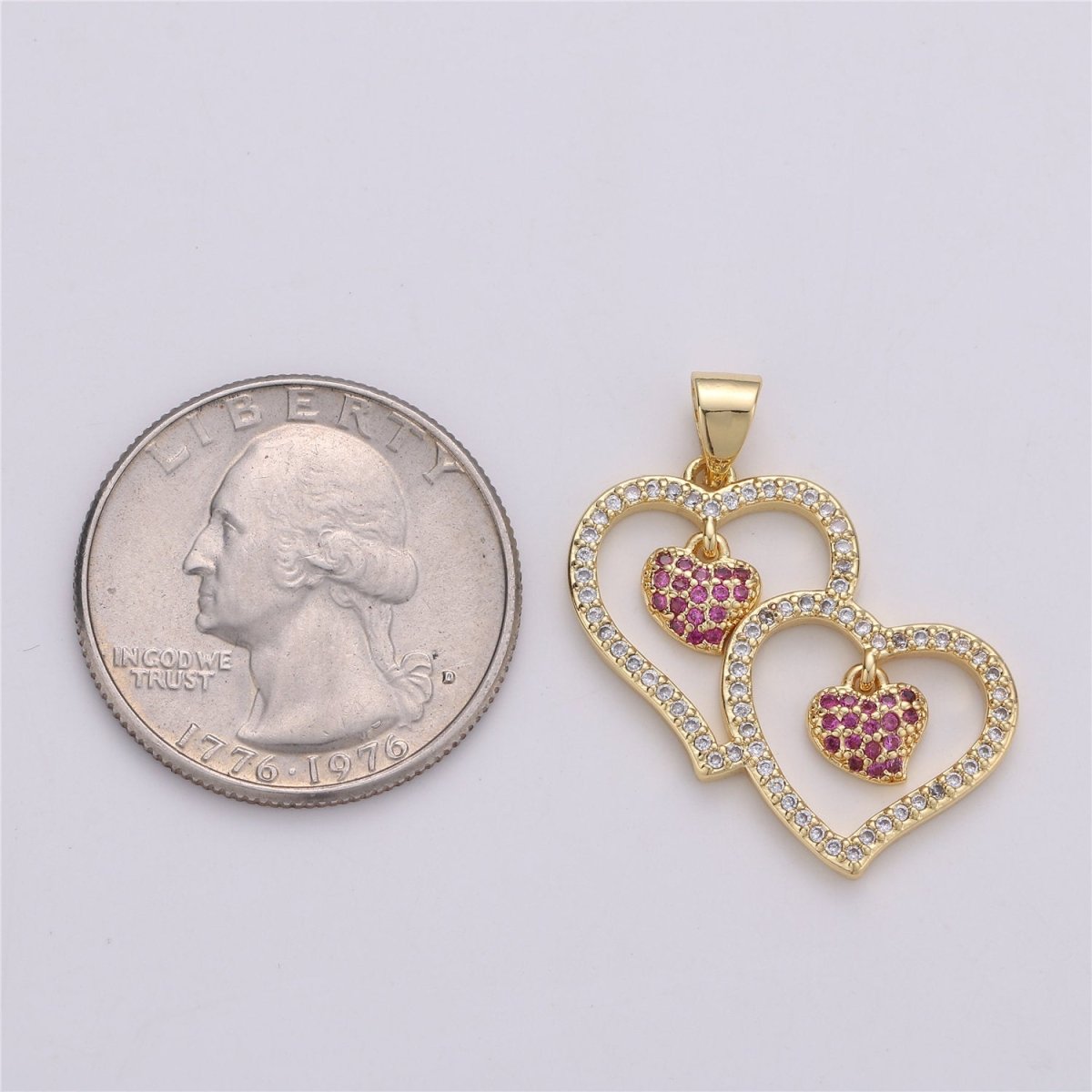 Micro Pave Double Heart Pendant Cubic Twin Heart Charm 14k Gold Filled linked Heart Charm Earrings Necklace Component I-588