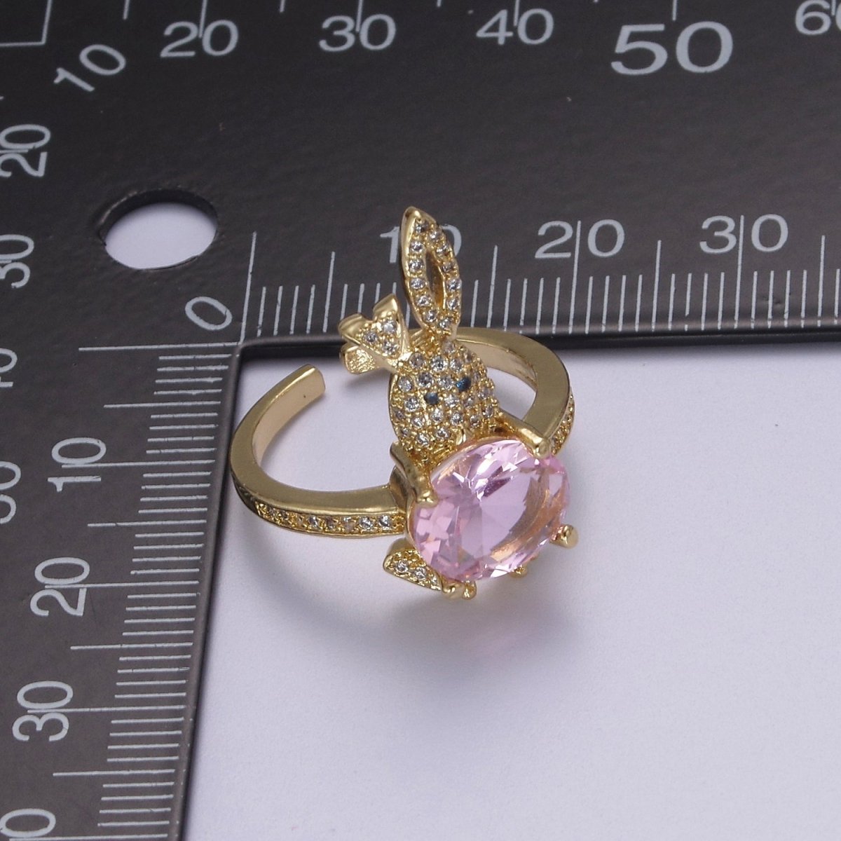 Micro Pave Easter Bunny Ring With Pink Cz Stone Rabbit Open Adjustable Ring S-373