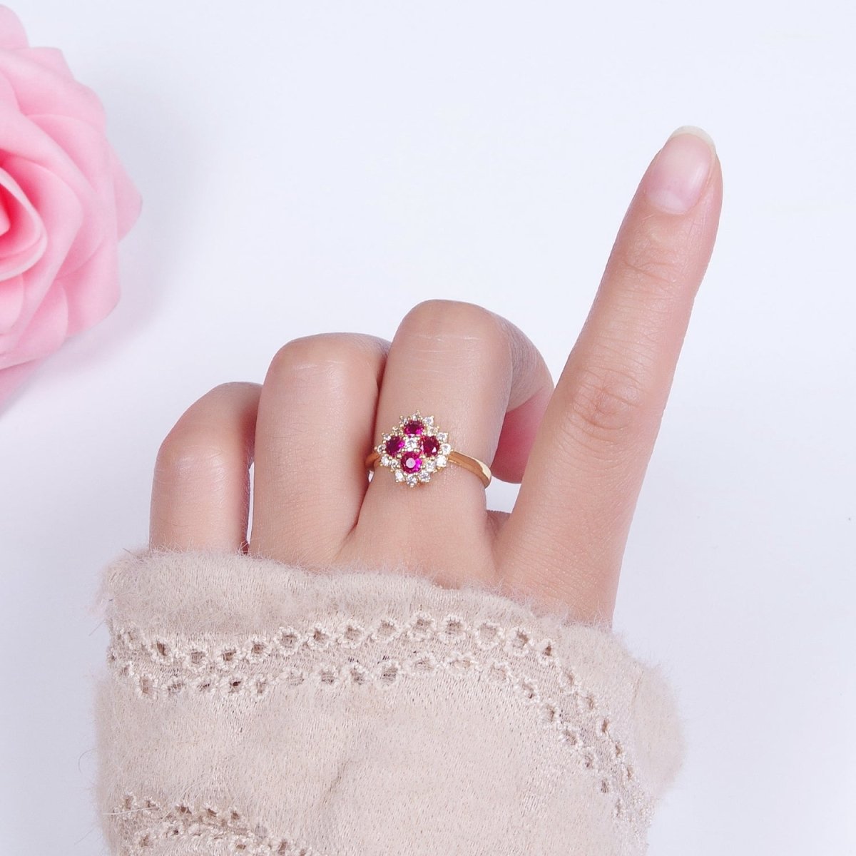 Micro Pave Four Fuchsia Cubic Zirconia Flower Adjustable Gold Ring S-221
