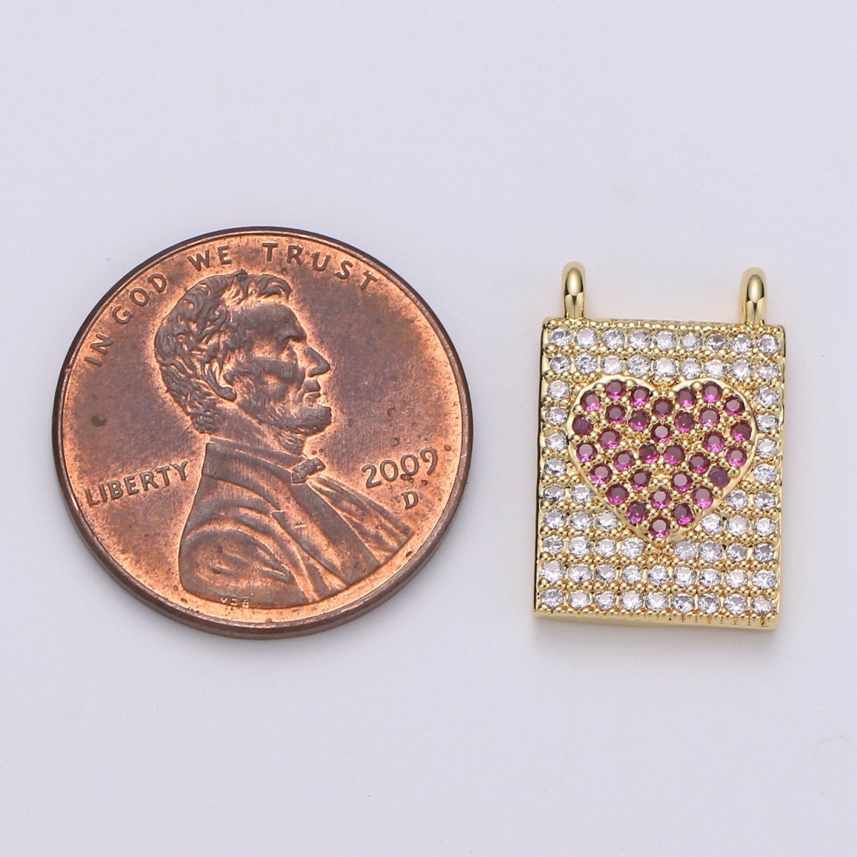 Micro Pave Heart Charm for Necklace Gold Heart Banner charm with double bail connector F-402