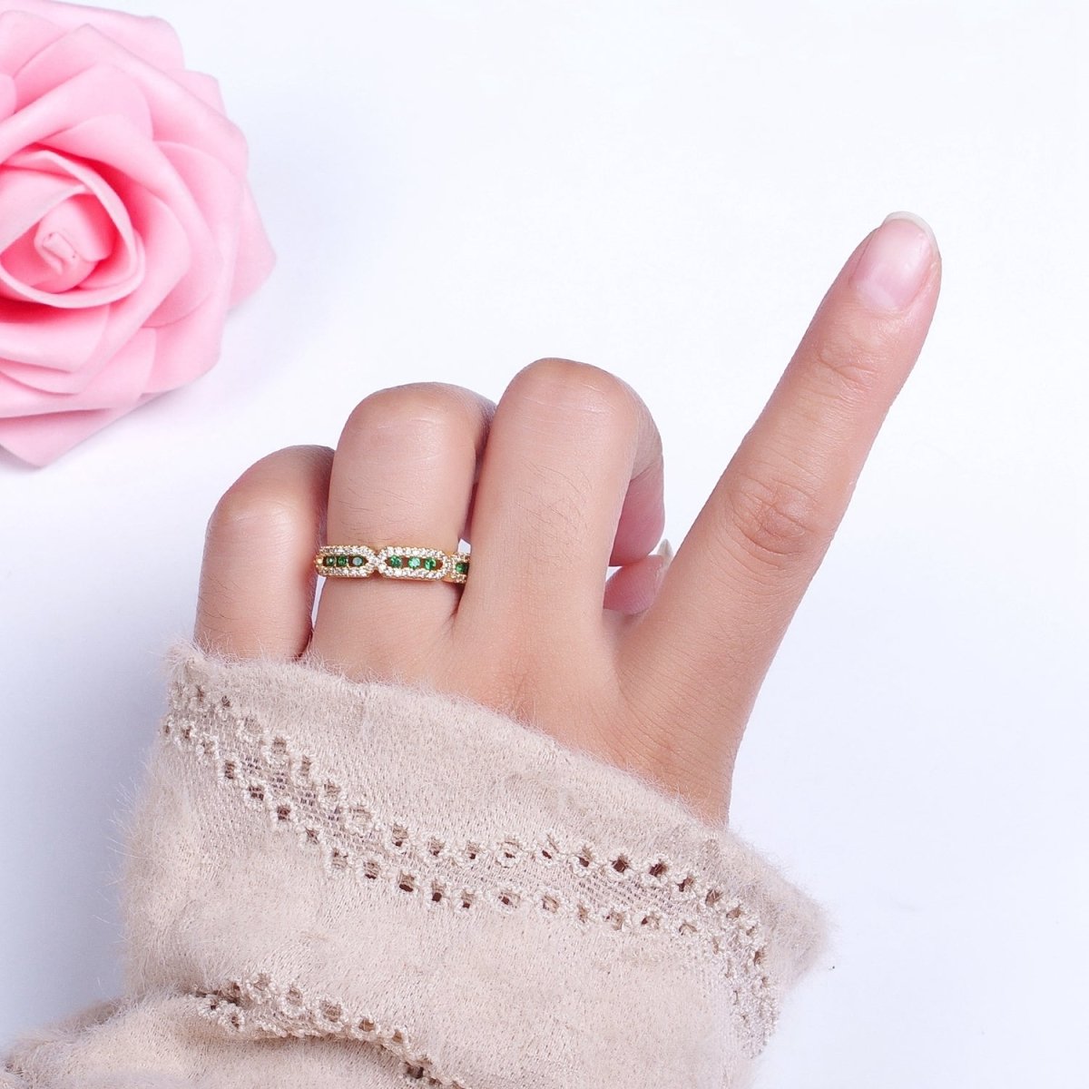 Micro Paved Clear, Green, Fuchsia Rectangular Hexagon Geometric Ring | Y030 Y031 Y032
