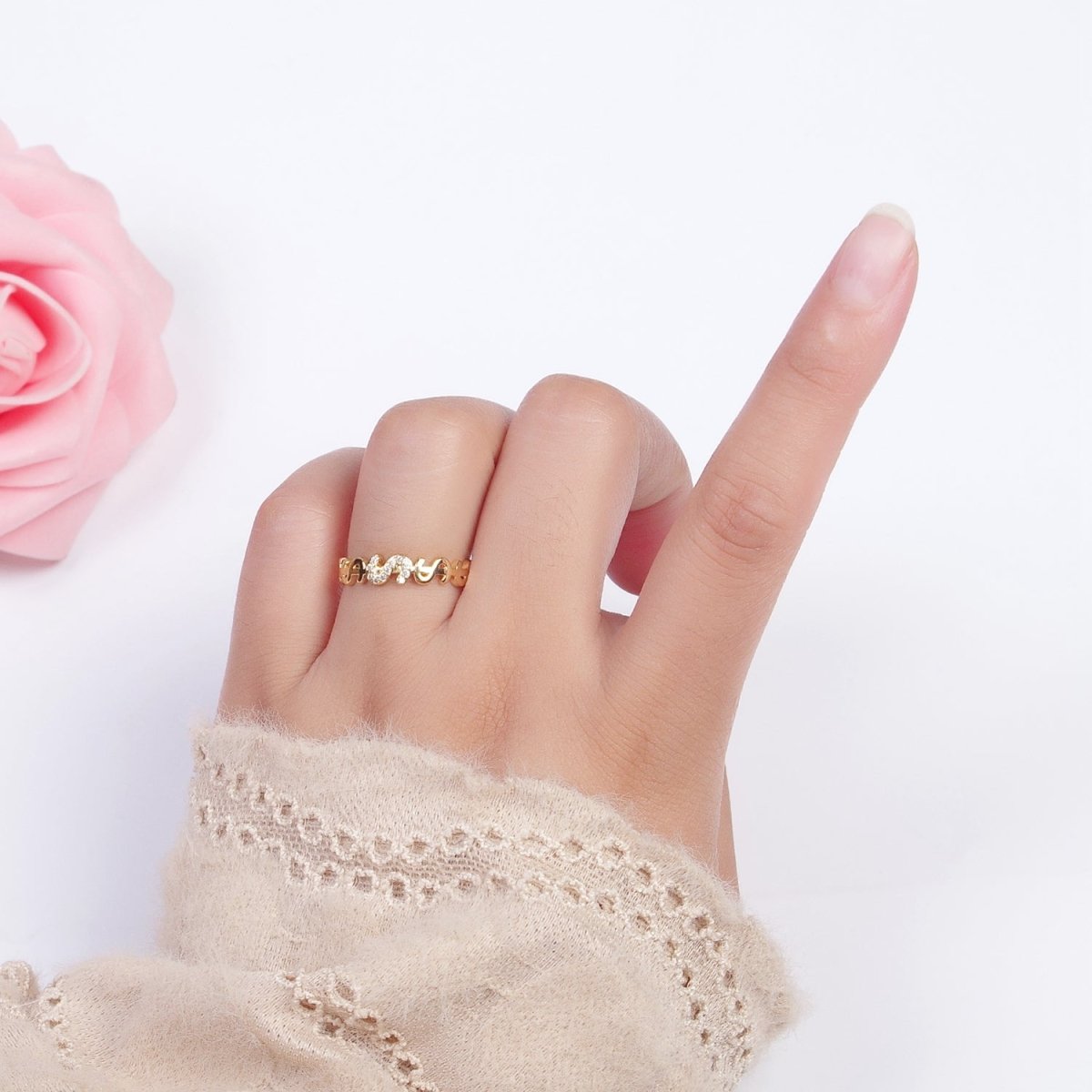 Micro Paved Cubic Zirconia Dollar Bill $ Link Adjustable Gold Ring | S-278