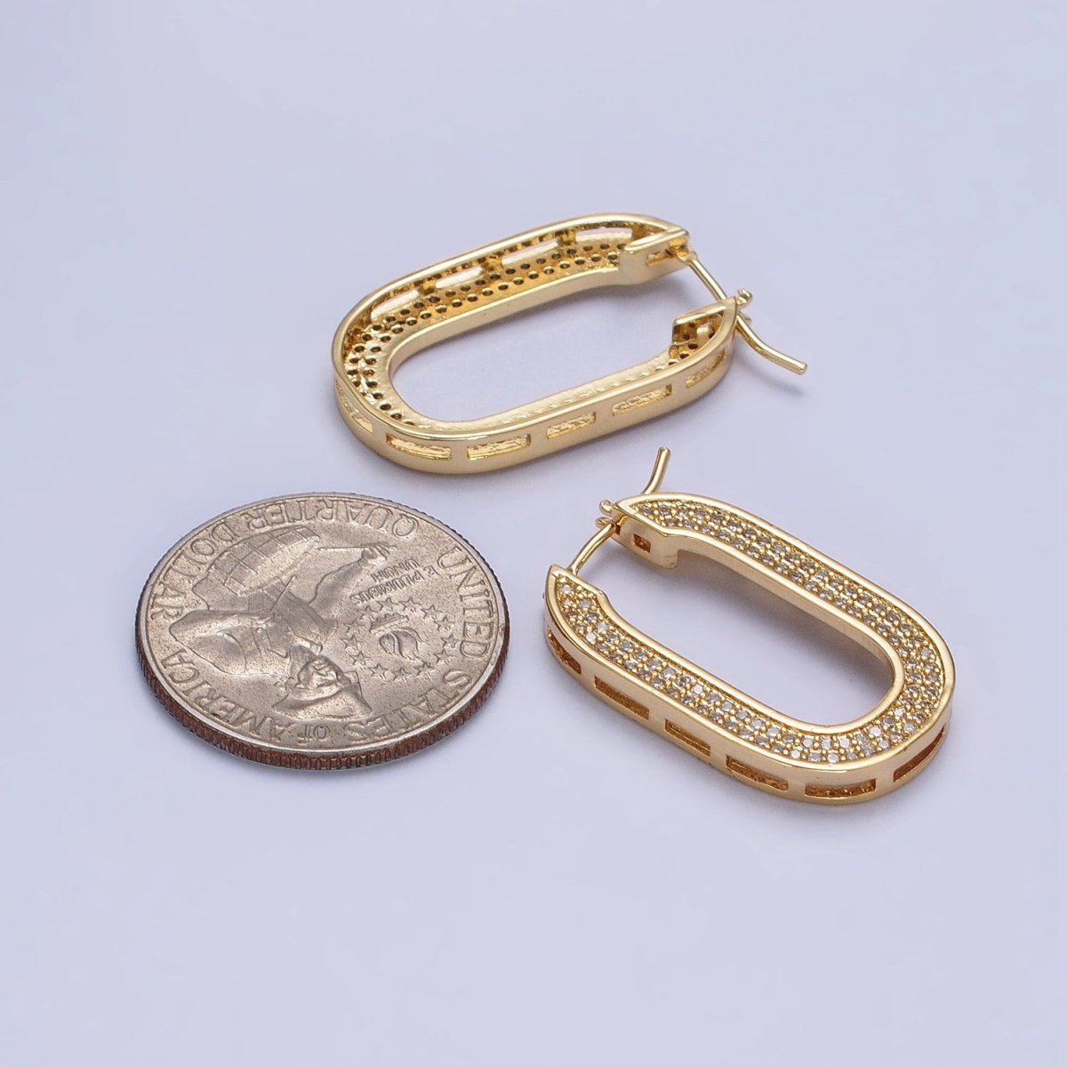Micro Paved CZ 30mm Oblong U-Shaped Latch Earrings in Gold & Silver | AB174 AB175