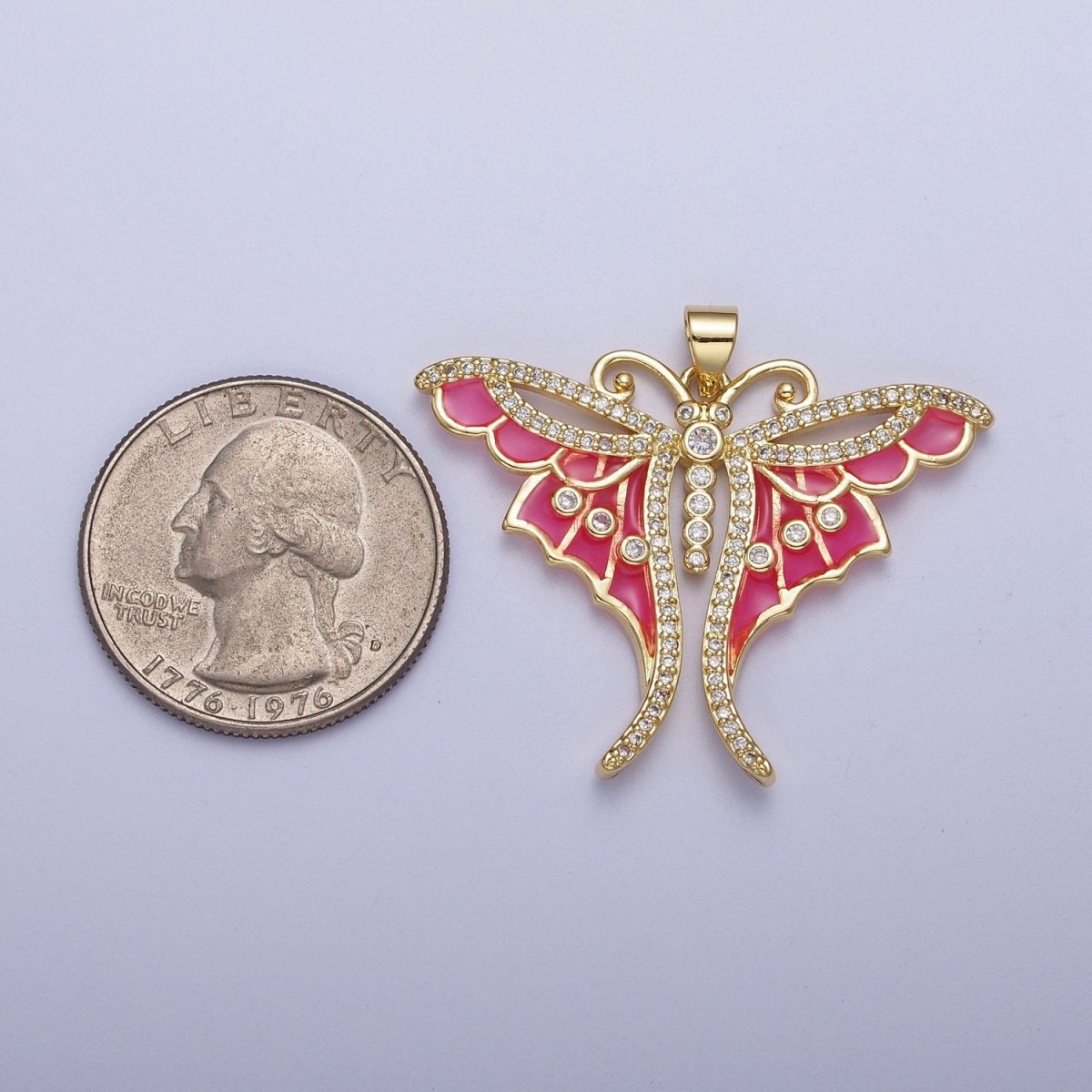 Micro Paved CZ Insect Butterfly Hot Pink Enamel Gold Pendant H-165