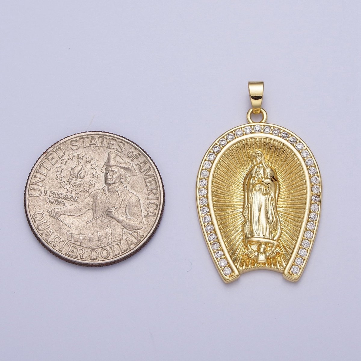 Micro Paved CZ Line Textured Mother Virgin Mary Gold Religious Pendant H-887