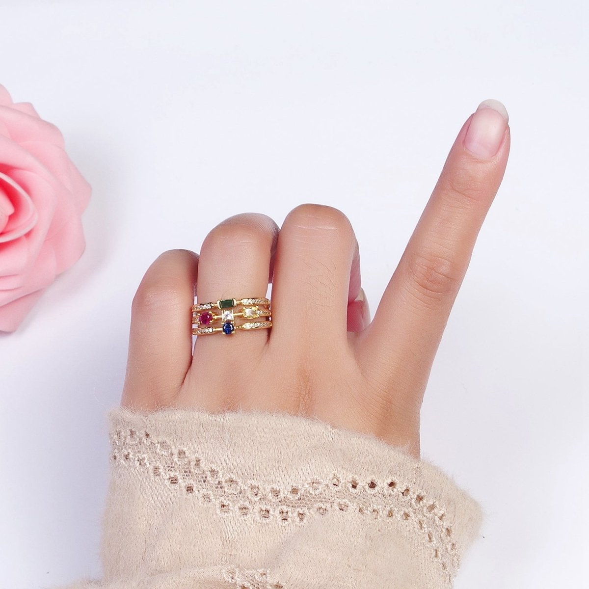 Micro Paved CZ Triple Band Multicolor Oval Round Baguette Cubic Zirconia Statement Gold Ring | O-132