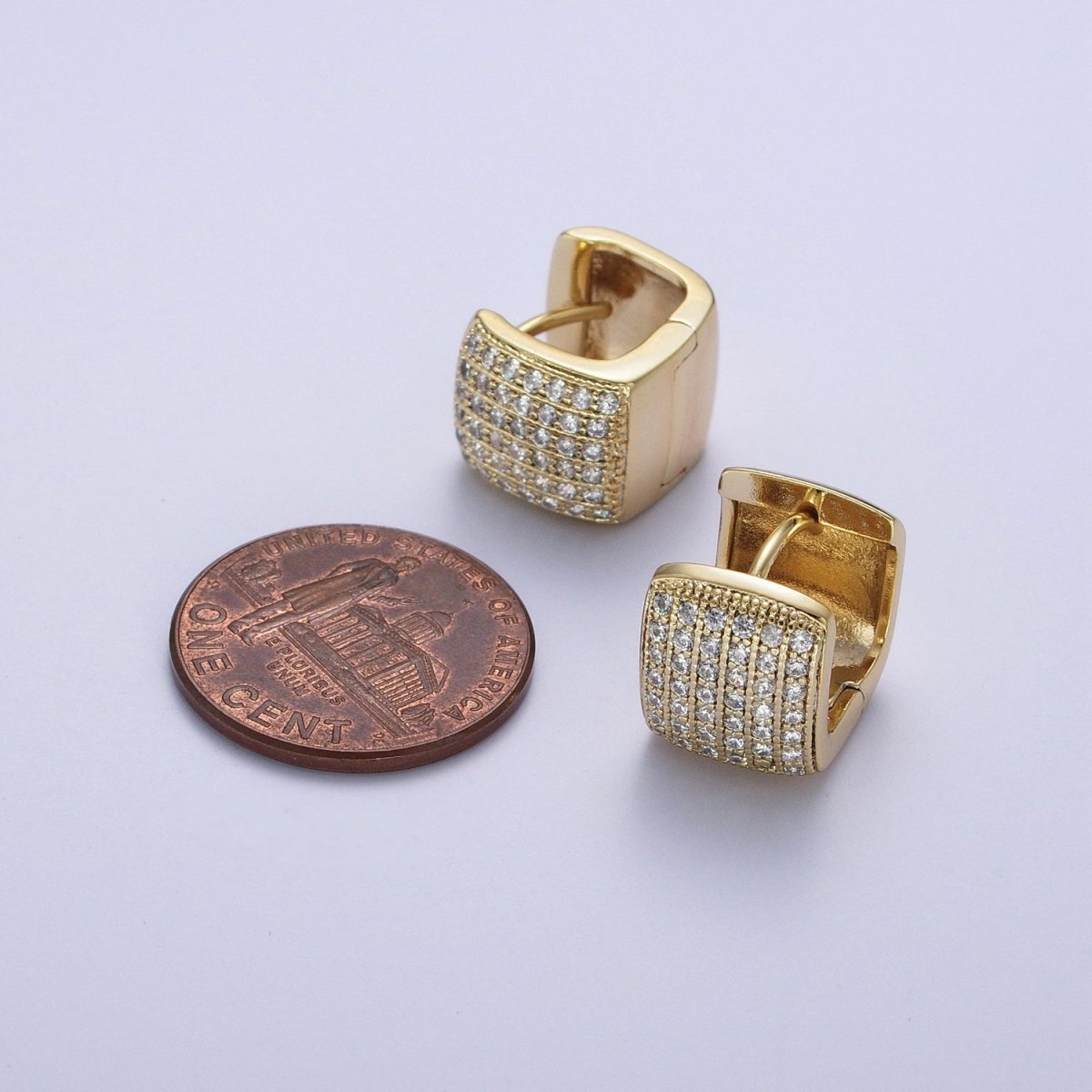 Micro Paved CZ Wide Boxy Geometric Gold Huggie Hoops | AD-055