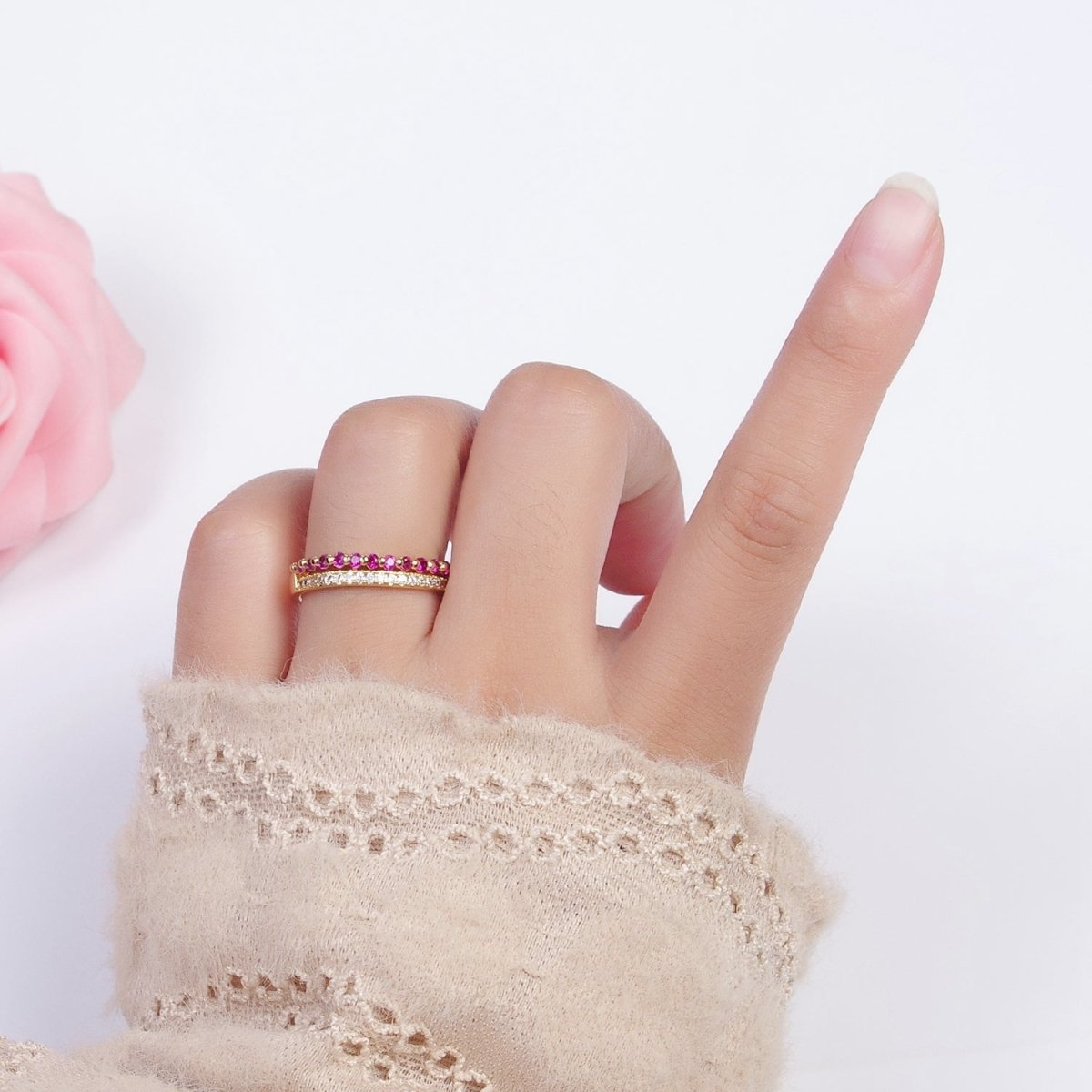 Micro Paved Fuchsia & Green Cubic Zirconia Minimalist Adjustable Gold Ring | U-054