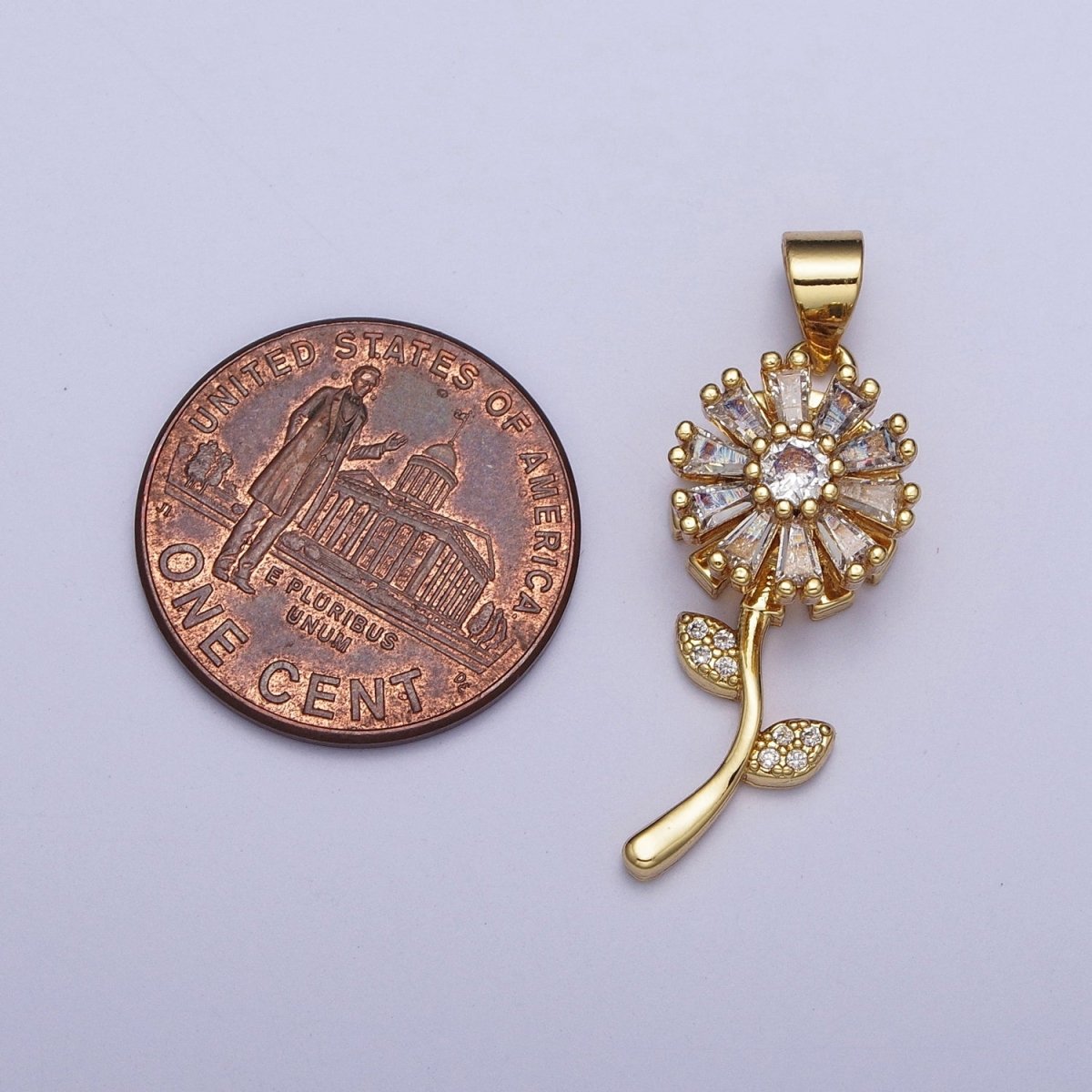 Micro Paved Gold Flower Nature Pendant with Round Baguette Clear Cubic Zirconia | X-476