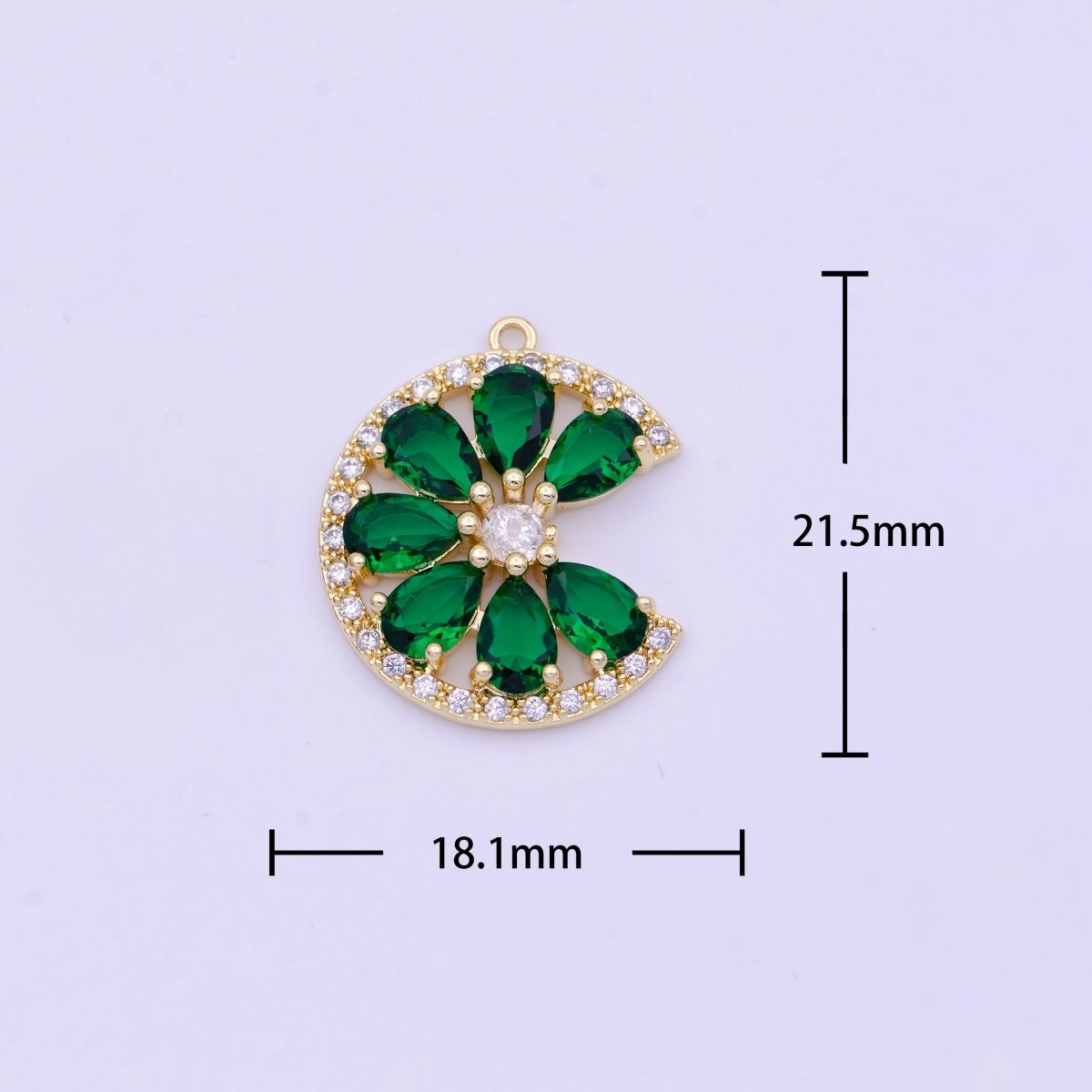 Micro Paved Green Teardrop Cubic Zirconia Crescent Moon Flower Charm D-569
