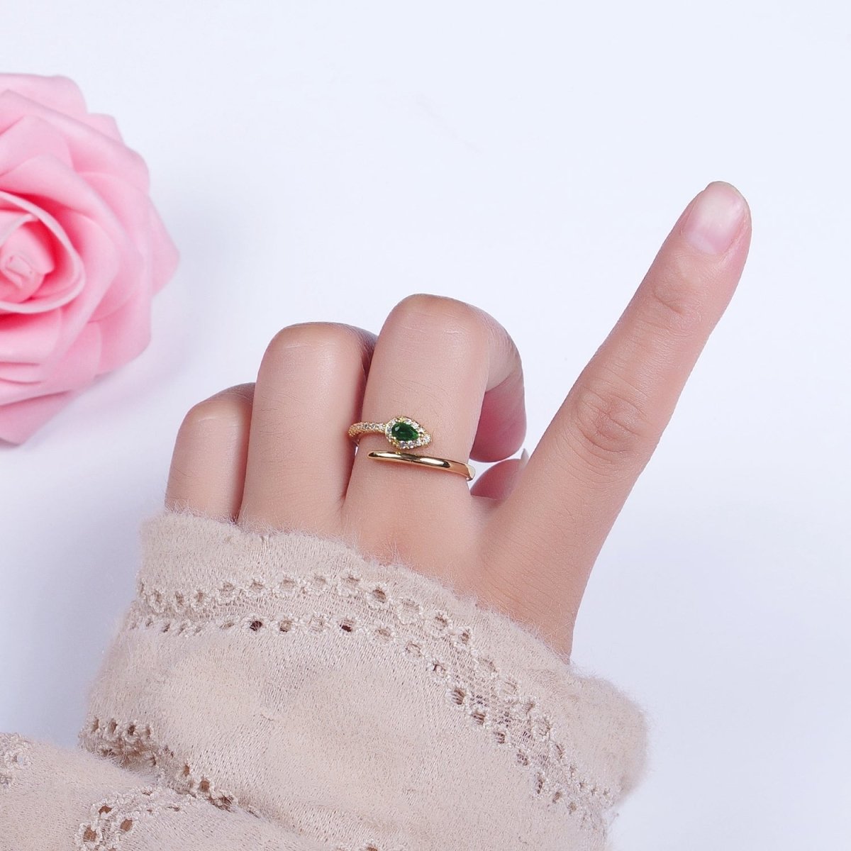 Micro Paved Green Teardrop CZ Minimalist Adjustable Ring | O-060