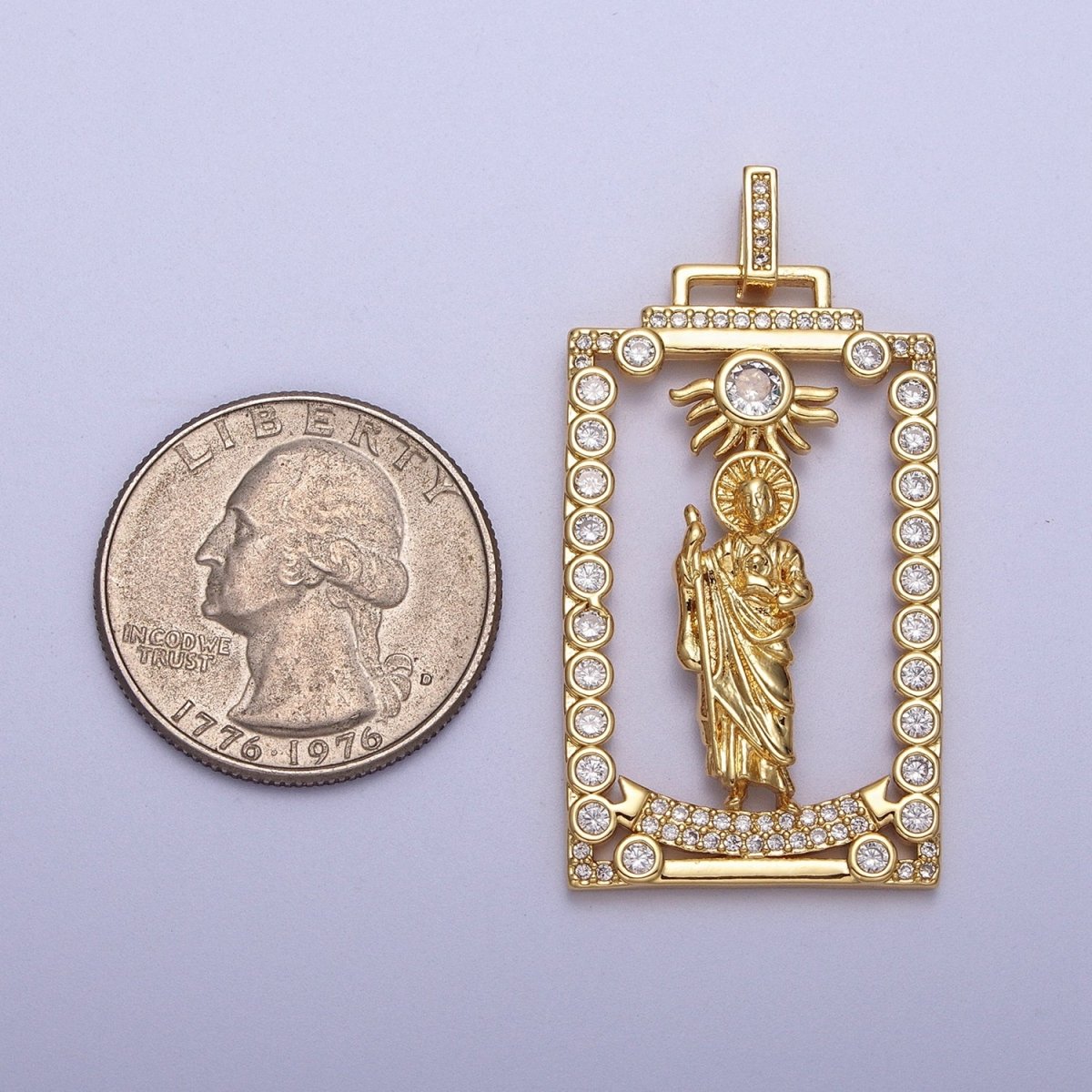 Micro Paved Saint Jude Religious Open Rectangular Gold Pendant H-811