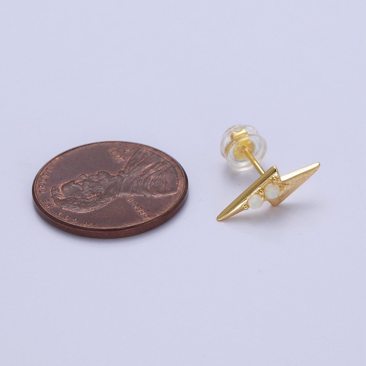 Mini 14K Gold Filled Lightning Bolt Round White Opal Stud Earrings | AD-091