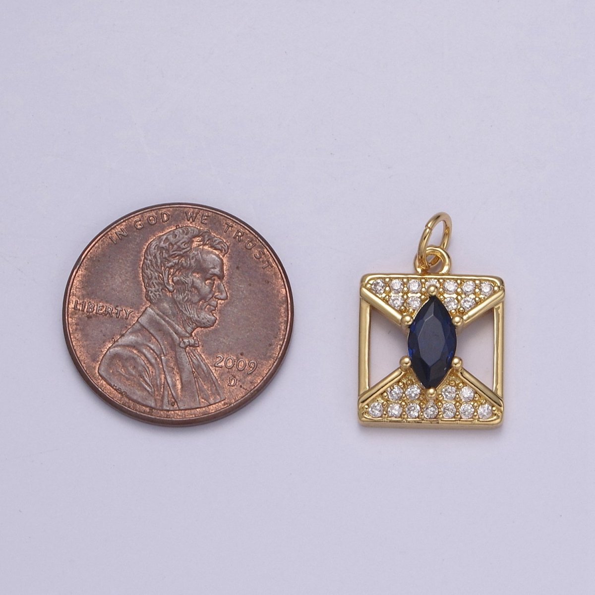 Mini Cubic Gold Square Charm Micro Pave CZ Dark Blue Eye Jewelry N-876