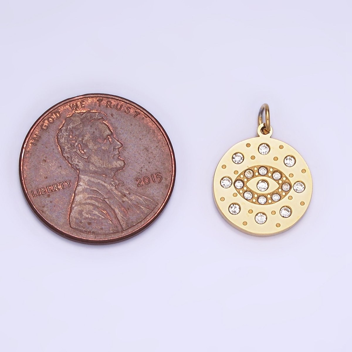 Mini Gold Stainless Steel Evil Eye Charm Round Coin Crystal Pendant | P1407
