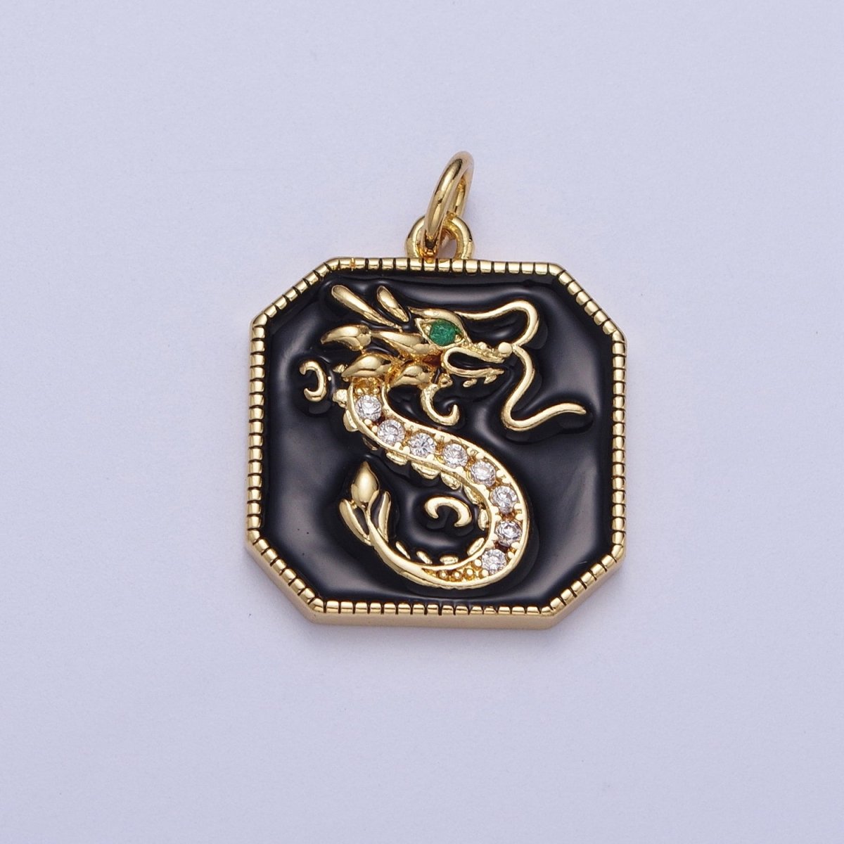 Rhodium Plated Dragon Micro Paved CZ Black Enamel Edged Square Charm in Gold & Silver | C128