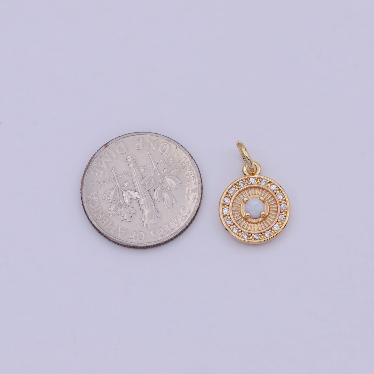Mini Round Charm with Opal Stone 18K Gold Filled Coin Pendant for Minimalist Jewelry N-909