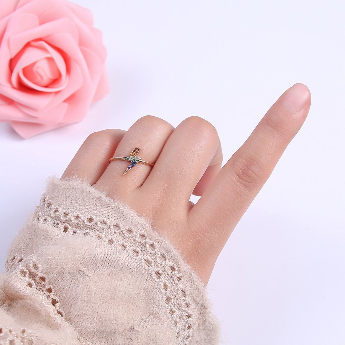 Minimalist 16K Gold Filled Lightning Bolt Rainbow Crystal Zirconia CZ Adjustable Ring U-417
