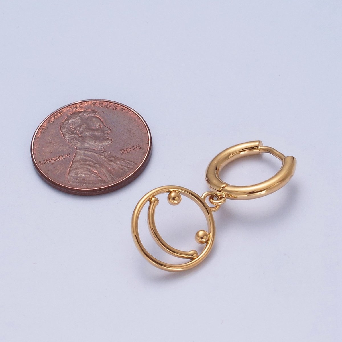 Minimalist 24K Gold Filled Open Smiley Face Charm Dangle Drop Huggie Hoop Earrings T-130