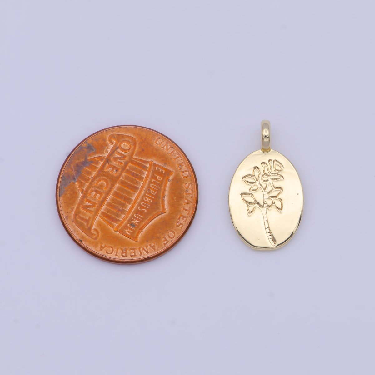 Minimalist Flower Plant Engraved Double Sided Gold Oval Charm | X-719
