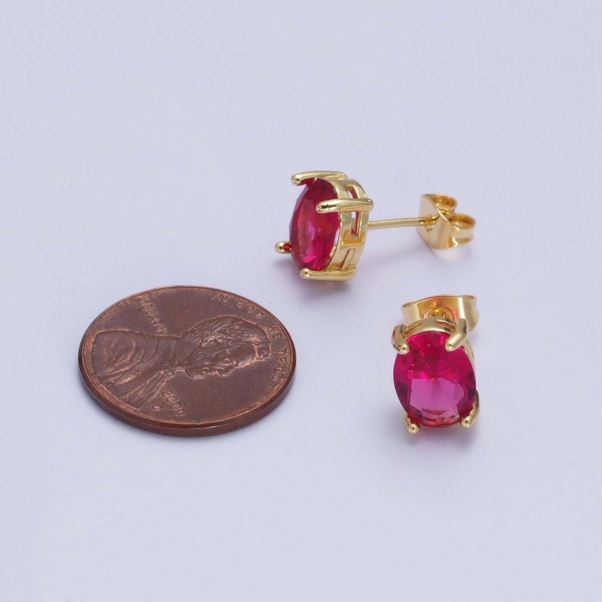 Minimalist Fuchsia Oval Cubic Zirconia Gold Stud Earrings | AD-579