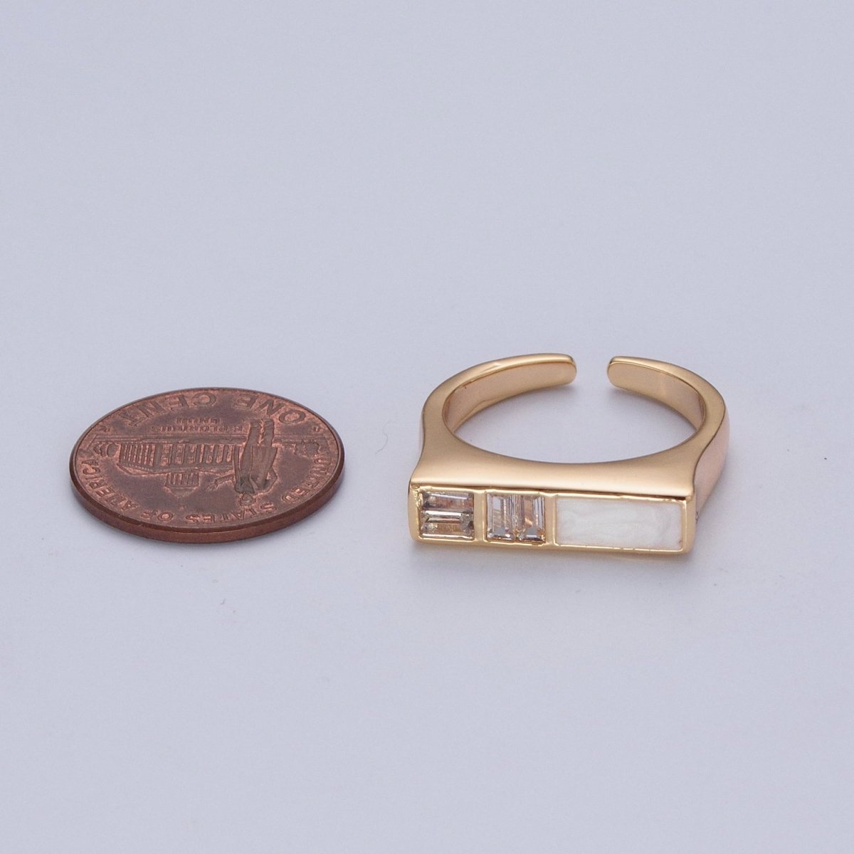 Minimalist Gold Baguette Cubic Zirconia Baguette & Enamel Flat Bar Adjustable Ring O-350
