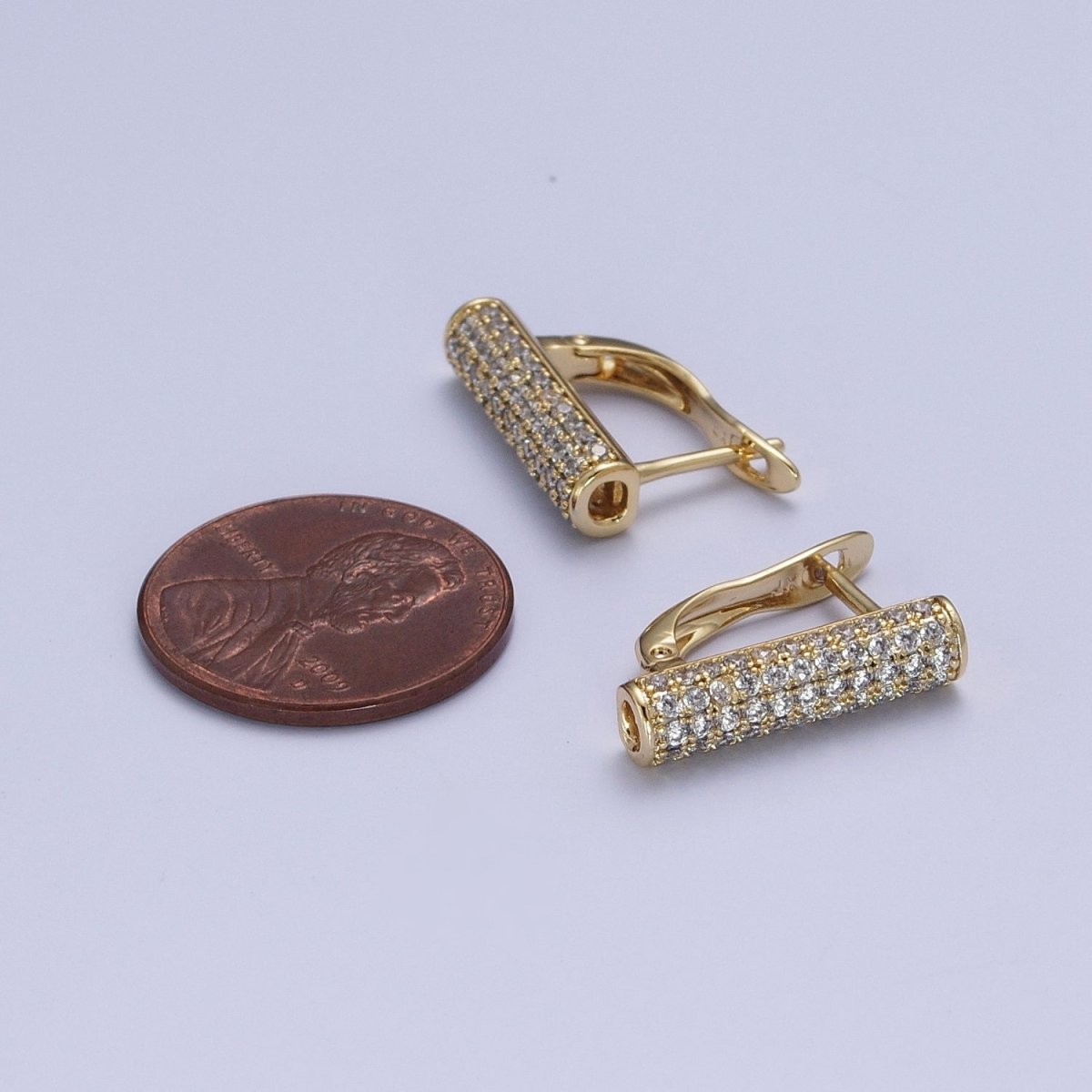 14K Gold Filled Micro Paved CZ Tube Cylinder English Lock Earrings | AE1034