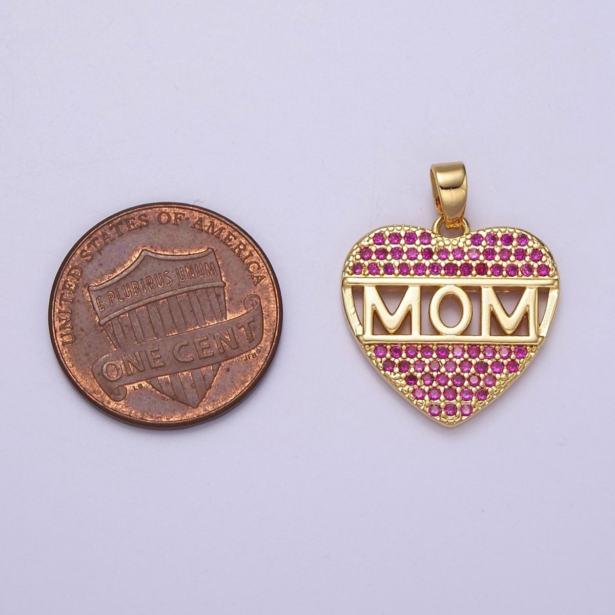 Mother's Day heart shaped Pendant CZ Pink charm Mom Script in 18k Gold Filled for DIY jewelry J-387