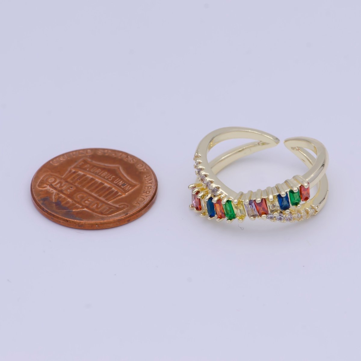 Multi Color Baguette Ring Rainbow CZ Gold Band Adjustable Ring U-268