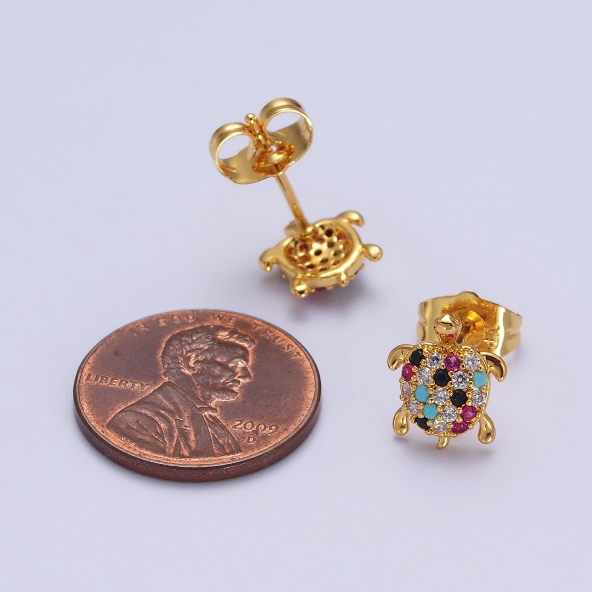 Multicolor CZ Micro Paved Turtle Sea Tortoise Gold Stud Earrings | AB120