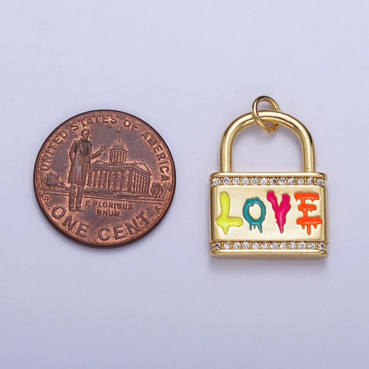 Multicolor "Love" Script Sprayed Micro Paved CZ Padlock Gold Charm AG-122