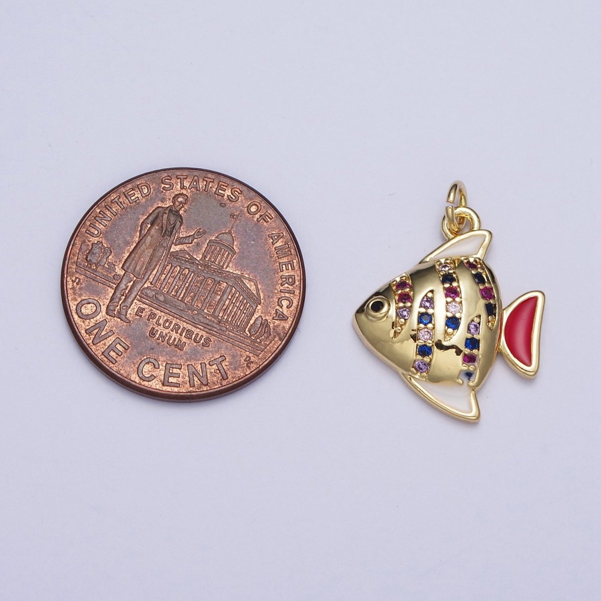 Multicolor Rainbow Micro Paved Gold Angel Fish Charm with Red & White Enamel Fins Charms For Jewelry Making AG-121