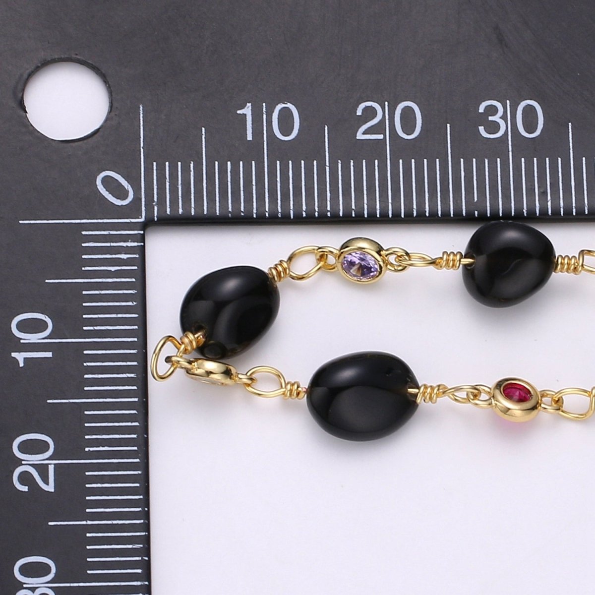 Onyx Micro Pave Charm 24K Gold Filled Chain by Yard, Cubic Round Charm Chain by Yard, Semiprecious Stone Onyx Chain | ROLL-329 Clearance Pricing