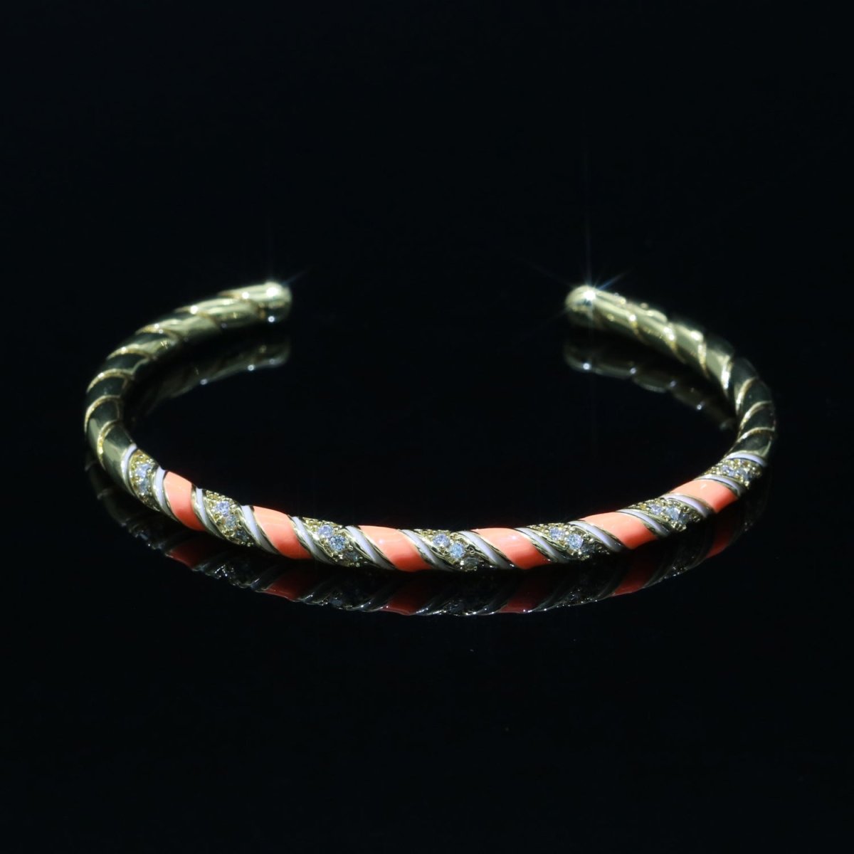 Orange Enamel Geometric Swirl Gold Filled Bangle Open Adjustable Bracelet Vintage Style Inspired | WA-118 Clearance Pricing