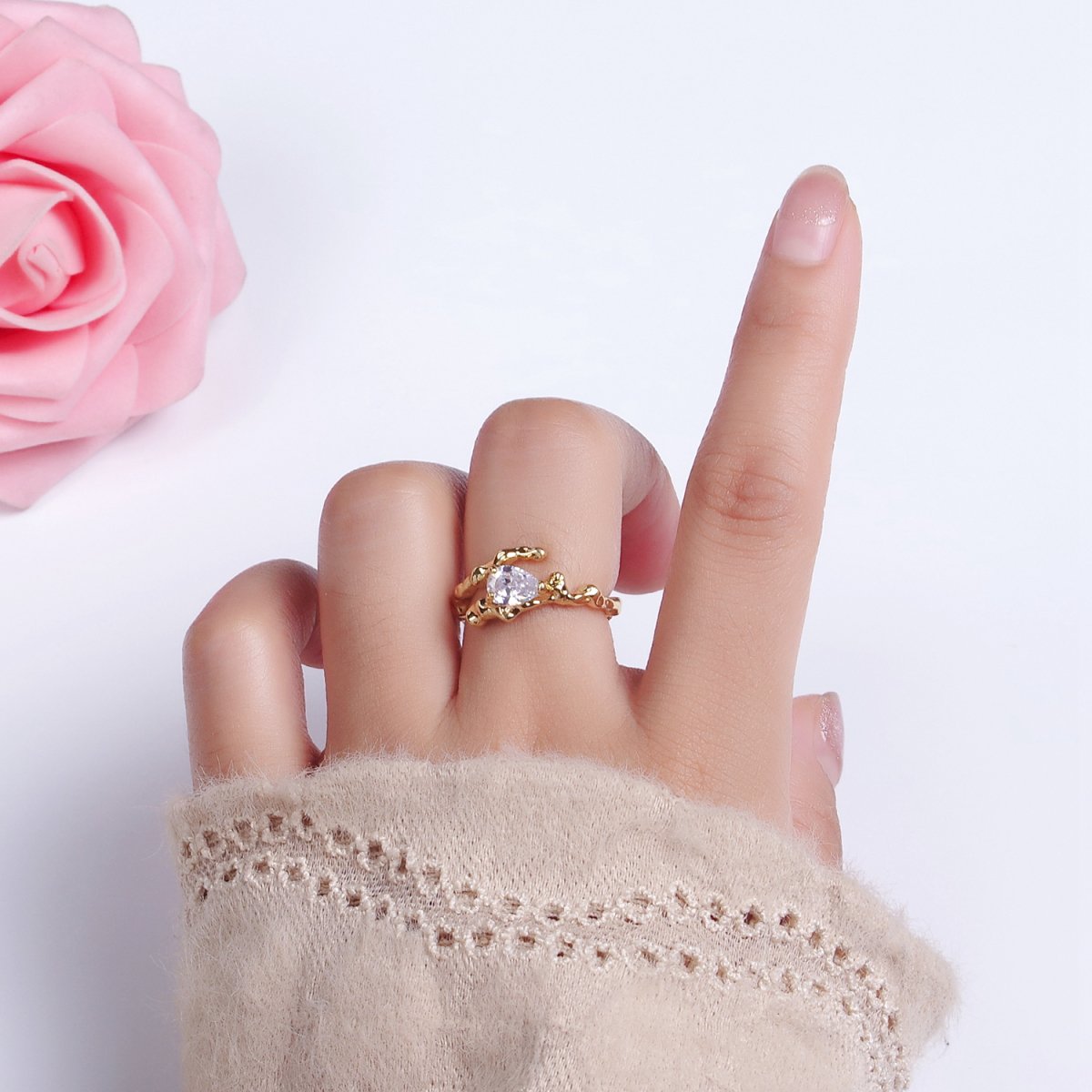 14K Gold Filled Clear CZ Teardrop Molten Drip Open Ring | O-603
