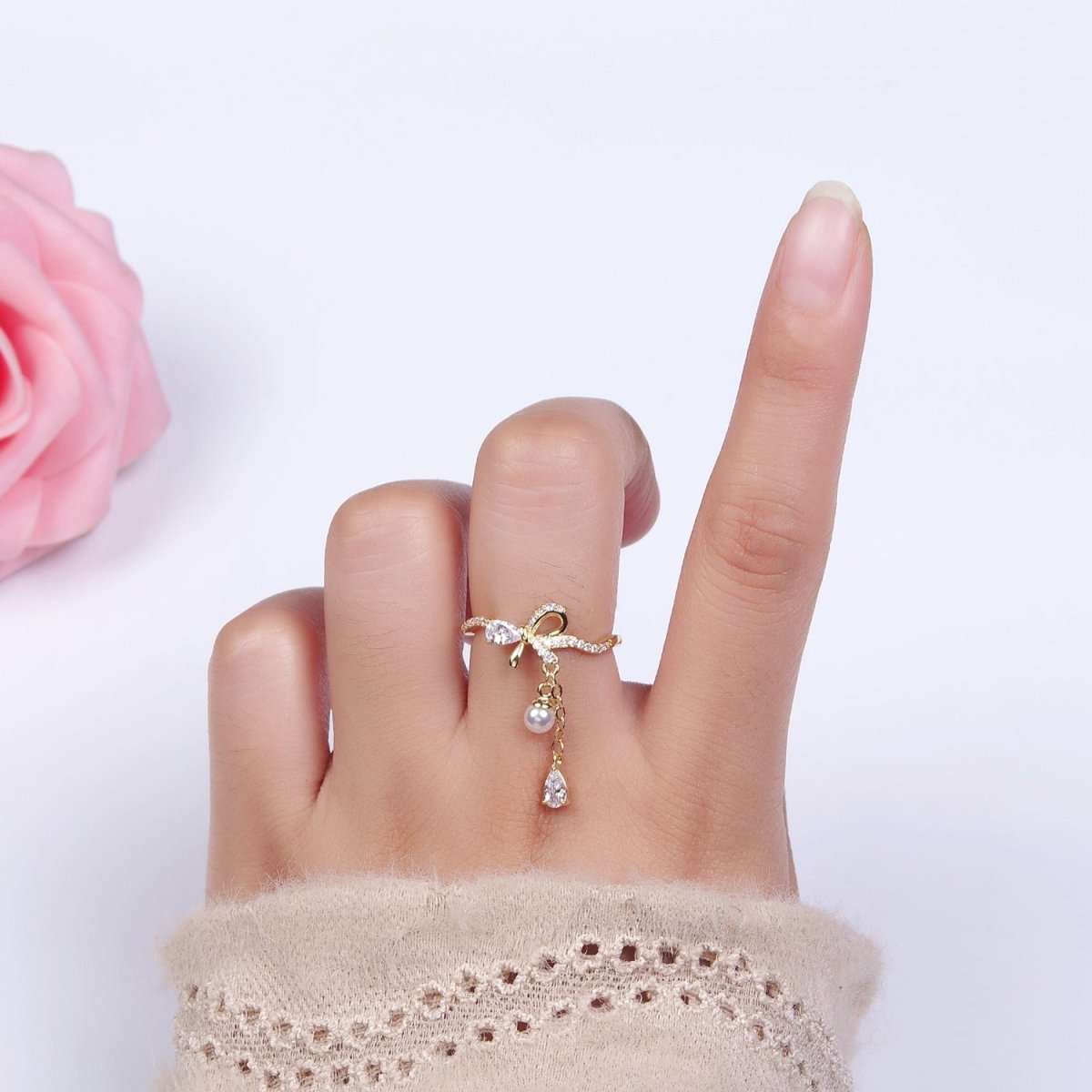 14K Gold Filled Ribbon Bow Micro Paved CZ Teardrop Pearl Drop Ring Coquette Girl Jewelry | O1187