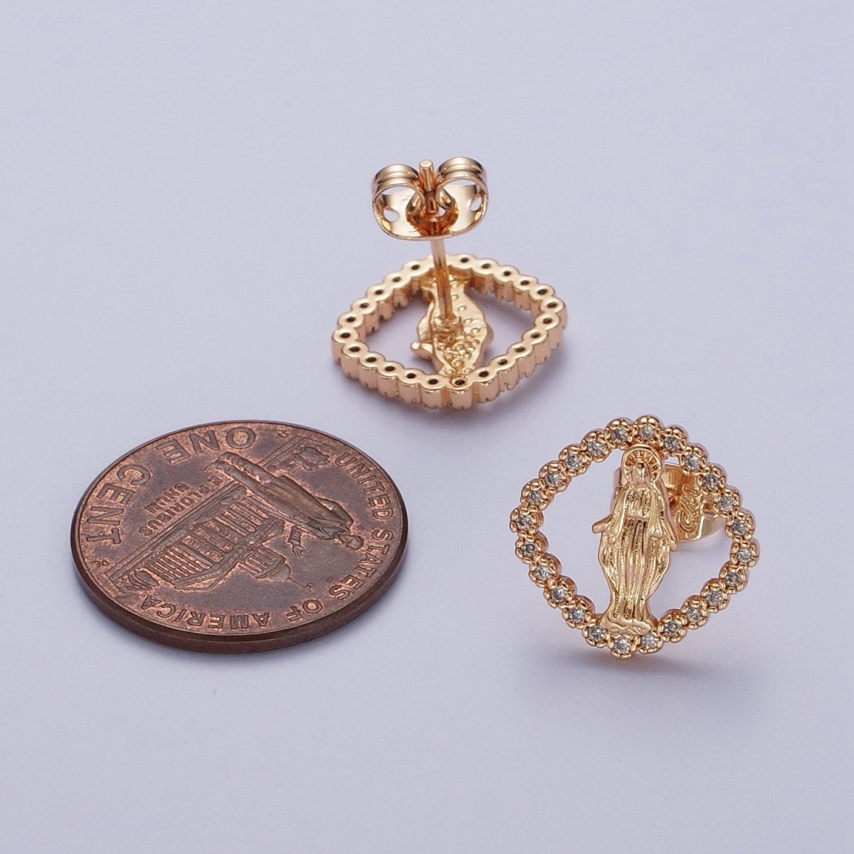 18K Gold Rhombus Mother Virgin Mary Micro Paved Cubic Zirconia Religious Stud Earrings | AE-1051
