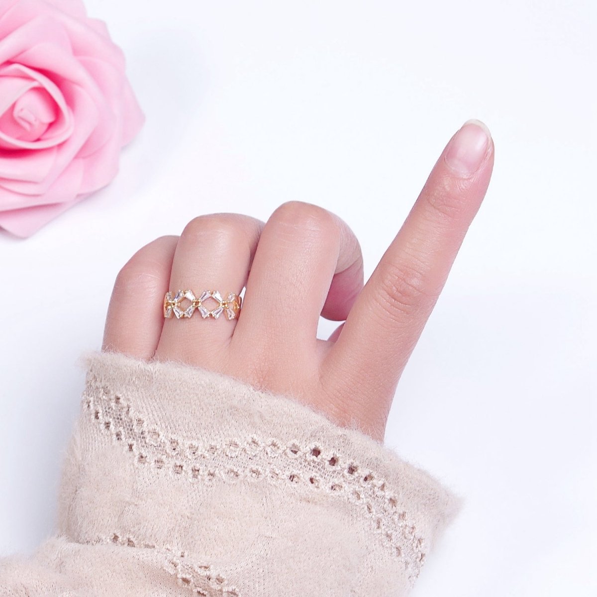 Minimalist Gold Baguette Cubic Zirconia Flower Adjustable Ring O-317