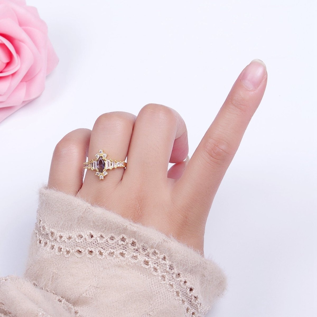 OS Purple Amethyst Marquise & Clear Baguette Cubic Zirconia Gold Adjustable Ring S-384
