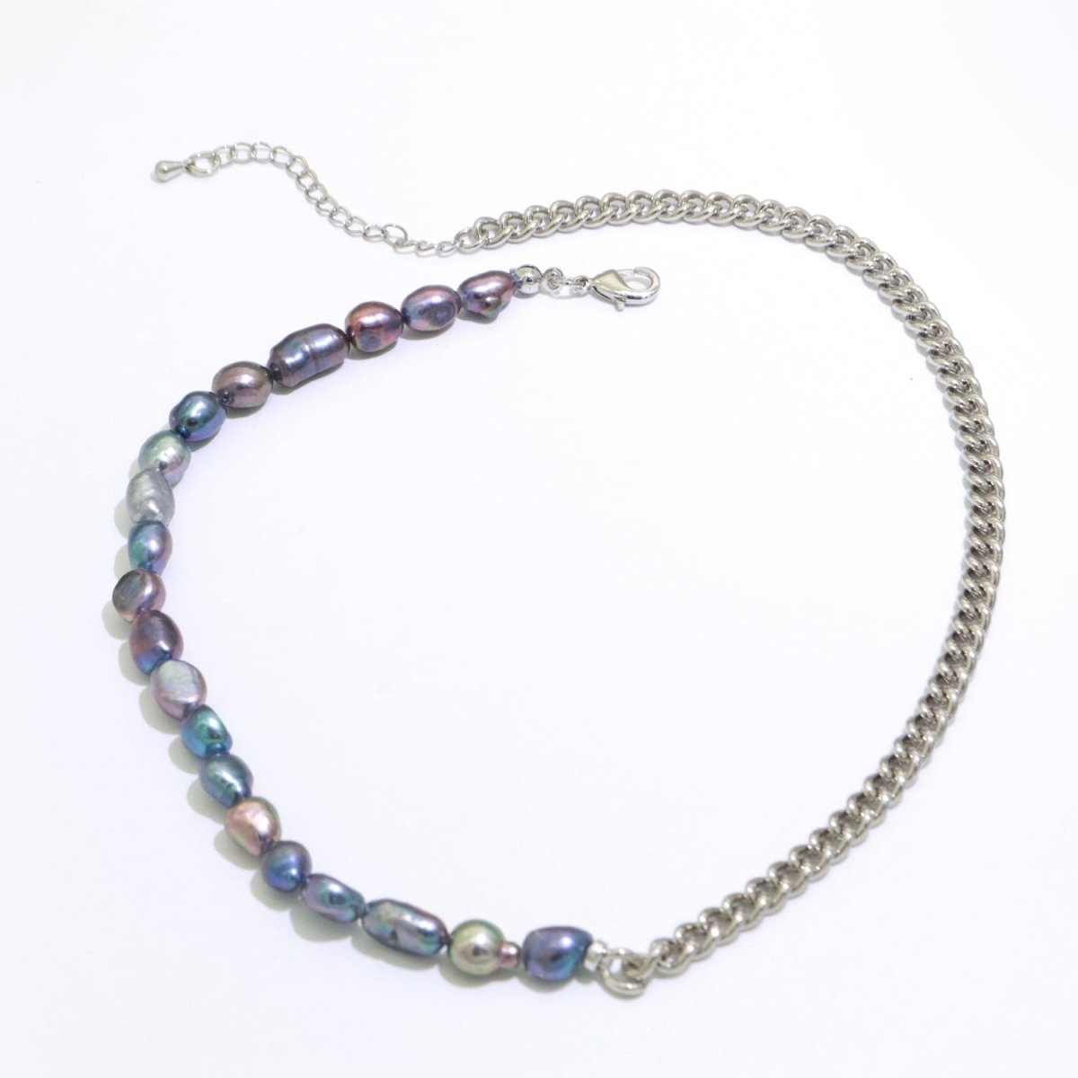 OS Rainbow Peacock Fresh Water Baroque Pearl Silver Curb Chain Link Necklace Unisex Jewelry | WA-267 Clearance Pricing