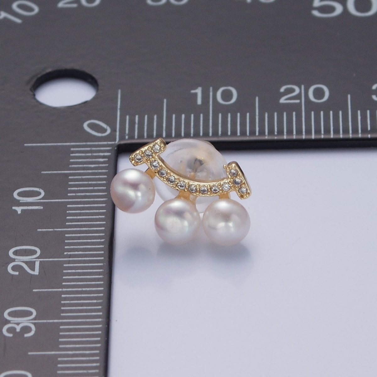 OS Three White Pearl Stud Earring with Gold Pave Smile for Wedding Jewelry T-528