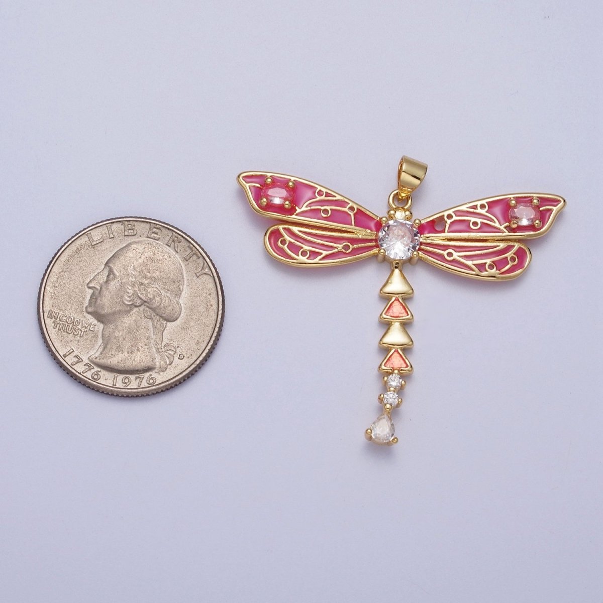 Oval CZ Insect Dragonfly Hot Pink Enamel Gold Pendant H-167
