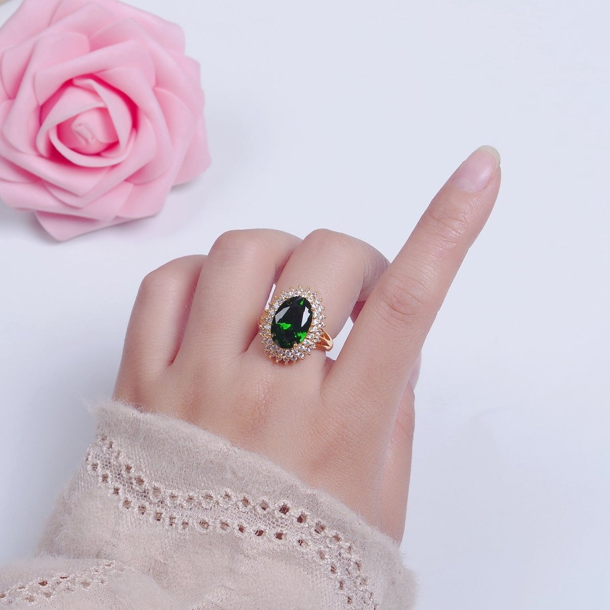 Oval Emerald Green Sunburst Celestial Sun Micro Pave Clear CZ Cubic Zirconia Ring O-766